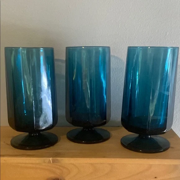 Vintage Blue Colony Nouveau Riviera Pedestal Goblets Set of 3 - Picture 1 of 3